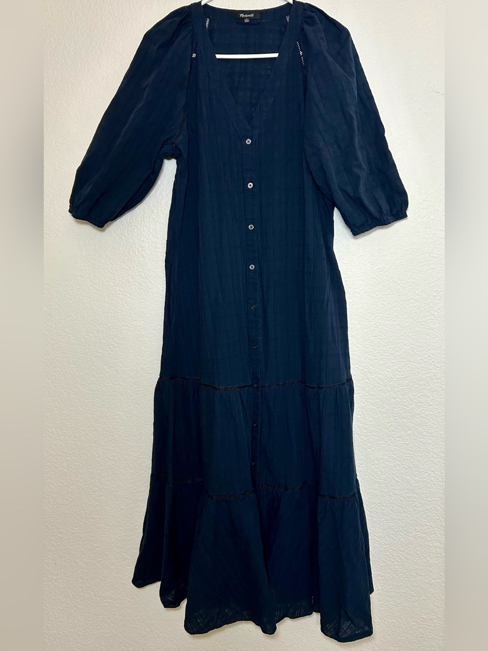 Madewell Lightspun Tiered Button Front Midi Dress Navy Blue Cotton 12